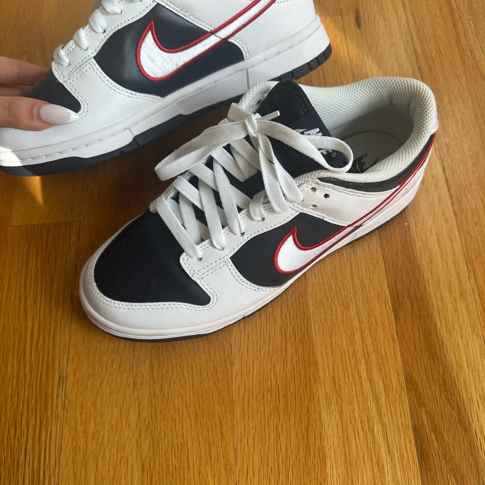 Nike White and Dark blue dunk Sneakers with Red Swoosh - Picture 3 of 7